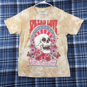Chemistry Spread Love And Be Happy Skull Flower Tie Dye Graphic Tee Tan Womens M